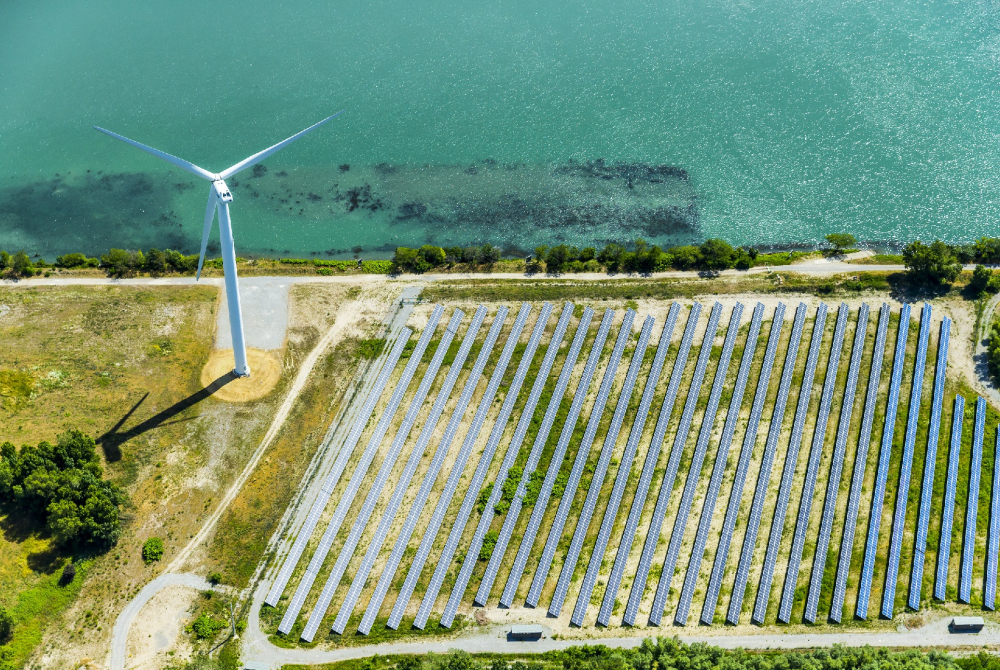 Solar panels and a wind turbine